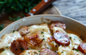 Crockpot Pierogi Casserole with Kielbasa