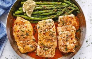 Garlic Butter Cod with Lemon Asparagus Skillet