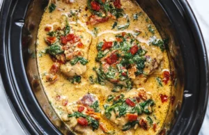 CrockPot Tuscan Garlic Chicken Thighs With Spinach and Sun-Dried Tomatoes